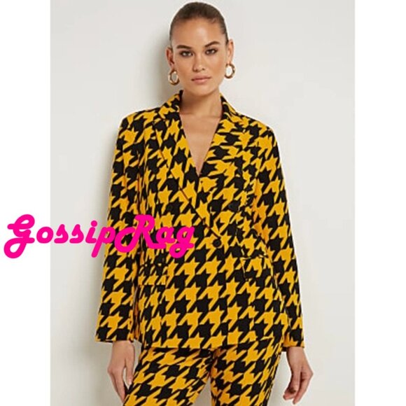 nwt new york & co yellow houndstooth pants suit jacket size medium 6 tall - Picture 2 of 9